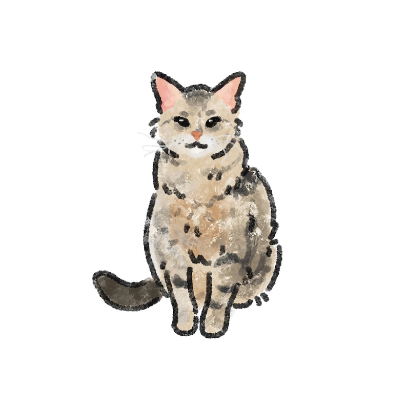May include: A watercolor illustration of a cat sitting upright. The cat has a light brown and gray coat with black markings. Its ears are pink-lined, and it has a small pink nose. The cat's tail is curled, and it is set against a white background.