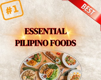 Könnte beinhalten: Ein digitales Kochbuchcover mit dem Titel "Essential Filipino Foods" in roter Schrift. Das Cover zeigt eine Auswahl an philippinischen Gerichten auf einem Holztisch, darunter Adobo, Sinigang und Pancit. Das Cover enthält auch eine philippinische Flagge und den Text "Recipe Guide" in roter Schrift.