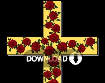 Kreuz PNG mit Rosen Floral Graphic Print, lebendige Farbe Kreuz, Glaube Anbetung Gott, 2023 Kreuz PNG, christliche Clip Art, religiöser Stil PNG