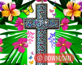 Cross PNG with Butterflies and Floral Graphic Print, Vibrant  Color Cross, Faith Worship god, Cross PNG, Christian Clip Art, Religious PNG
