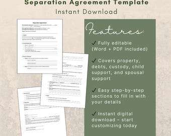 Separation Agreement Form | Divorce & Custody Contract | Instant Download