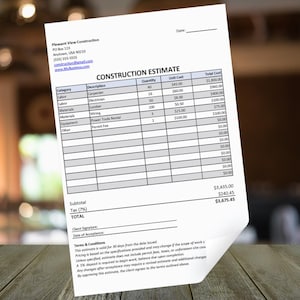 Construction Estimate Template | Editable Contractor Bid Sheet | Printable & Excel Sheet Job Quote Form