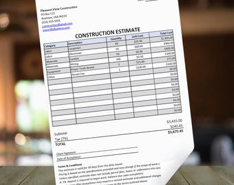 Construction Estimate Template | Editable & Printable Job Bid - Painting, Electrical, Tile, Home Remodeling Customer Quote