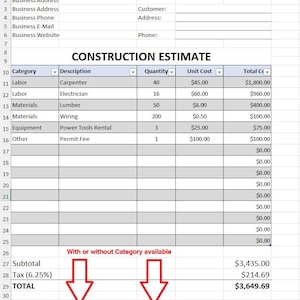 Construction Estimate Template | Editable & Printable Job Bid - Painting, Electrical, Tile, Home Remodeling Customer Quote