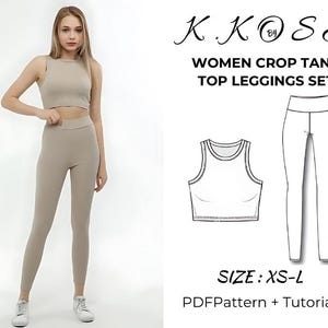May include: A digital sewing pattern for a crop tank top and leggings set. The pattern includes a line drawing of the clothing and the text "K.KOSE WOMEN CROP TANK TOP LEGGINGS SET SIZE: XS-L PDFPattern + Tutorial".