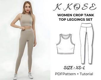 May include: A digital sewing pattern for a crop tank top and leggings set. The pattern includes a line drawing of the clothing and the text "K.KOSE WOMEN CROP TANK TOP LEGGINGS SET SIZE: XS-L PDFPattern + Tutorial".