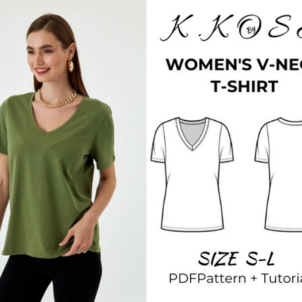 Women's V-neck T-shırt / V Neck T Shirt Women's Sewing Pattern / V-neckline T-shirt PDF sewing pattern/ V for Womens /Sıze:S-L /A4-A0-Letter