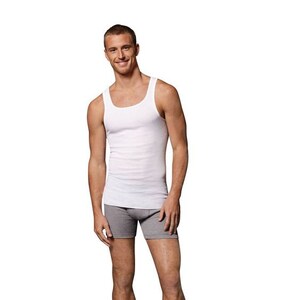 May include: A white sleeveless undershirt with a crew neck and a gray pair of underwear.