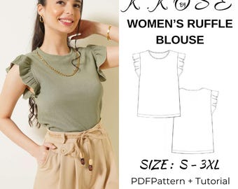 Women's Ruffle Blouse Sewing Pattern (A4-Letter-A0 Pattern)