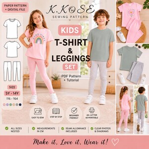 May include: A sewing pattern for a kids t-shirt and leggings set, featuring a pink t-shirt with a rainbow graphic and pink leggings, and a sage green t-shirt with gray leggings. Includes technical line drawings, size range 5Y-14Y, and instructions.