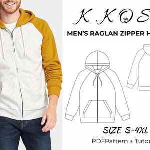 Raglan Zıpper Hoodıe / Patrón Raglan Zıpper Hoodıe para hombre/ Chaqueta con cremallera Patrón PDF/ Patrón de costura unisex/Patrón de costura raglán con capucha PDF