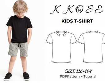 Schnittmuster für Kinder-T-Shirts mit bebilderten Anweisungen/Sofort herunterladen und jetzt loslegen/Lässiges Schnittmuster für Kinder-T-Shirts/Größe 116–164/A4–A0-Buchstabe