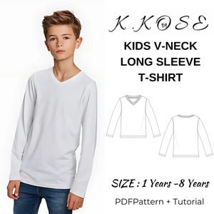May include: A digital sewing pattern for a kids' long-sleeve v-neck t-shirt. The pattern includes a tutorial and is available in sizes 1 to 8 years.