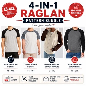 May include: A 4-in-1 raglan pattern bundle featuring four garment styles: a short-sleeve raglan t-shirt, a kids' raglan t-shirt, a raglan zipper hoodie, and a raglan sweatshirt. Includes PDF patterns, seam allowances, photo tutorials, and printable A4/Letter/A0 formats.