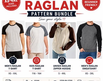 Raglan Sewing Pattern Bundle PDF | 4-in-1 T-Shirt, Hoodie & Sweatshirt Patterns | XS-4XL | Beginner Friendly