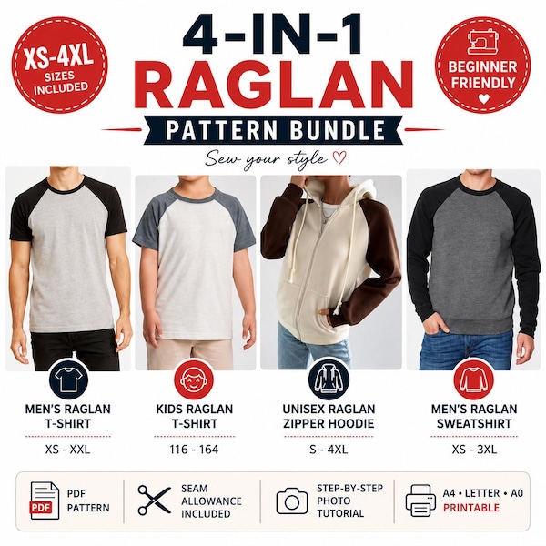 Raglan Sewing Pattern Bundle PDF | 4-in-1 T-Shirt, Hoodie & Sweatshirt Patterns | XS-4XL | Beginner Friendly