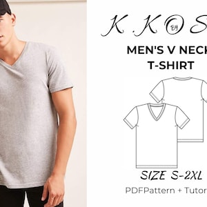 Camiseta masculina com decote em v/camiseta confortável com decote em v/expressão de imagem passo a passo/padrão tshırt masculino com decote em v/decote em v pdf/tamanho: S-2XL/A4-A0-Letter