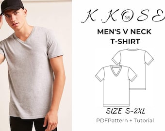 May include: A digital pattern for a V-neck t-shirt. The pattern includes a PDF pattern and tutorial. The pattern is available in sizes S-2XL. The image shows a man wearing a grey t-shirt.