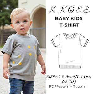 Op de afbeelding: Een digitaal patroon voor een baby- of peuter-T-shirt. Het patroon bevat een lijntekening van het T-shirt en instructies voor het naaien. De tekst op de afbeelding luidt "K.KOSE BABY KIDS T-SHIRT SIZE: 0-3 Month/5-6 Years (62-118) PDFPattern + Tutorial".