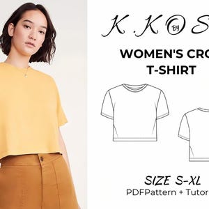 Patrón de costura de camiseta corta para mujer / Proyecto de patrón en pdf / Patrón de camiseta para principiantes / Patrón de top corto para principiantes / Costura corta / Tamaño A4-A0-Carta