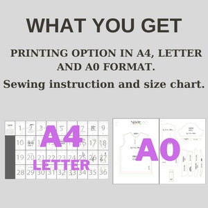 May include: A purple text overlay on a white background reads "WHAT YOU GET PRINTING OPTION IN A4, LETTER AND A0 FORMAT. Sewing instruction and size chart."  The image shows a grid of squares labeled with numbers 1-36, a larger square labeled "A4 LETTER", and a larger square labeled "A0".