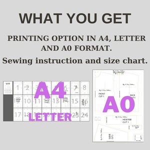 May include: A sewing pattern for a garment, with instructions and size chart. The pattern is available in A4, Letter, and AO formats. The image shows the different sizes of the pattern pieces.