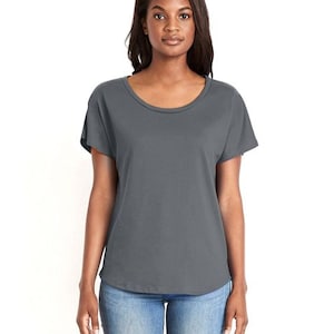 May include: A charcoal gray short-sleeved t-shirt with a relaxed fit and a round neckline.