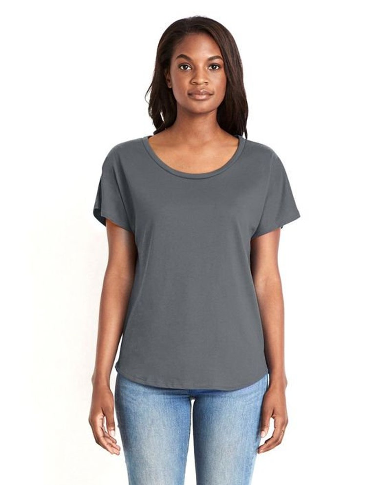 May include: A charcoal gray short-sleeved t-shirt with a relaxed fit and a round neckline.