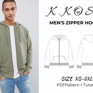 Könnte beinhalten: Ein grüner Reißverschluss-Hoodie mit Kapuze und einer Tasche vorne. Der Hoodie wird an einem Modell gezeigt. Das Bild enthält auch eine Strichzeichnung des Hoodies in Vorder- und Rückansicht. Der Text "K.KOSE MEN'S ZIPPER HOODIE SIZE XS-2XL PDF Pattern + Tutorial" ist im Bild enthalten.