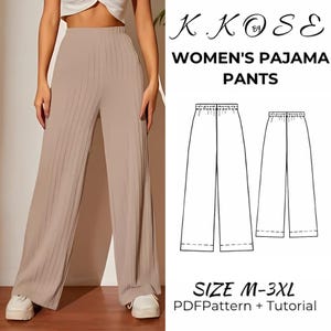 Pode incluir: Um padrão de costura digital para calças de pijama para mulheres. O padrão inclui um tutorial e está disponível nos tamanhos M-3XL. A imagem mostra uma mulher usando as calças, que são de cor marrom claro.