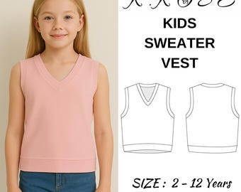 Kinder Pullover Weste Schnittmuster: Top mit V-Ausschnitt (PDF Pattern A4/Letter/A0)