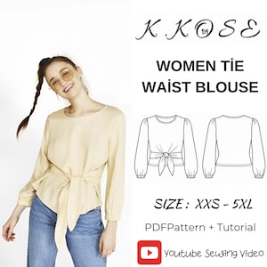 Puede incluir: Una blusa beige claro con lazo en la cintura y mangas largas. La imagen incluye un diagrama de la blusa y el texto "WOMEN TIE WAIST BLOUSE" y "SIZE: XXS-5XL". También es visible el logotipo de YouTube Sewing Video.