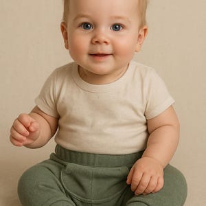 May include: A smiling baby wearing a short-sleeved beige t-shirt and olive green sweatpants. The baby is sitting and looking directly at the camera. The background is a solid, neutral color.