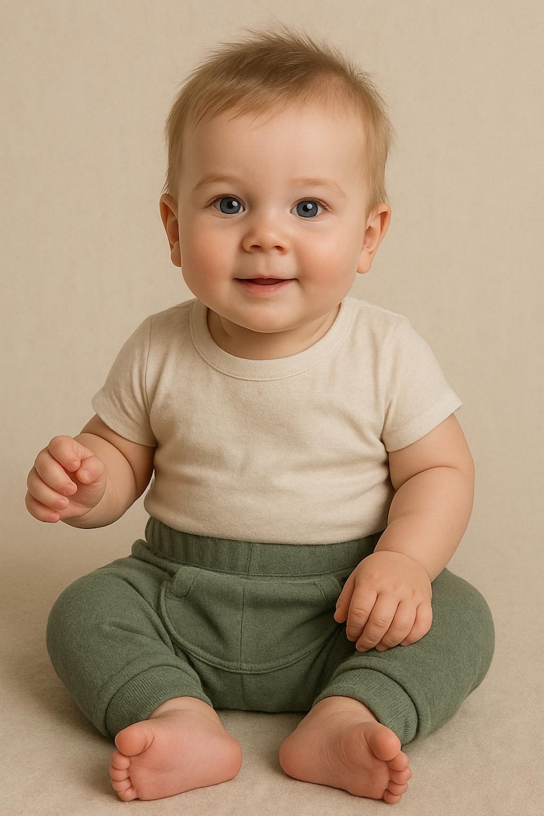 May include: A smiling baby wearing a short-sleeved beige t-shirt and olive green sweatpants. The baby is sitting and looking directly at the camera. The background is a solid, neutral color.
