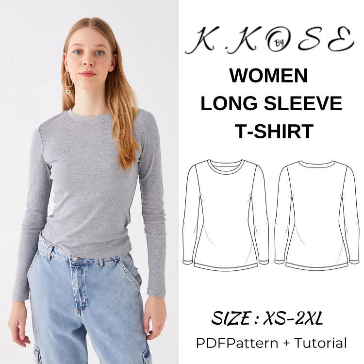 Women's Long Sleeve Crew Neck T-shirt Sewing Pattern (PDF Pattern