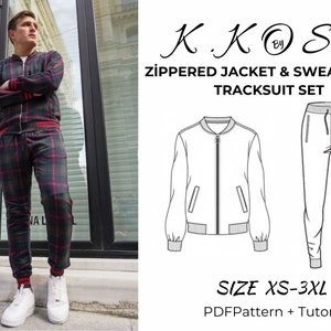 Conjunto de chándal con chaqueta y pantalón de chándal con cremallera / Patrón de chaqueta bomber y pantalón de chándal / Patrón de chaqueta jogger en PDF / Patrón de costura para conjunto de hombre / A4-A0-Carta