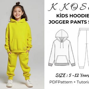 Modello di cucito per felpa con cappuccio e pantaloni da jogging per bambini: taglie 5-12 anni (modello PDF)