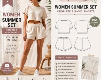 Crop Top & Shorts Sewing Pattern PDF | Women's Two Piece Lounge Set | XS–3XL | Printable Sewing Pattern | Digital Download