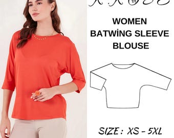Women's Batwing Sleeve Blouse Sewing Pattern PDF, Flowy Oversized Top for Sizes XS to 5XL, Easy DIY Women's Clothing, Printable A4 Letter A0