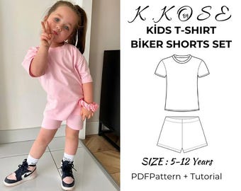 Koszulka dziecięca i spodenki motocyklowe - wzór do szycia w formacie PDF, dla dzieci w wieku od 5 do 12 lat, łatwy do samodzielnego uszycia strój na lato, do druku w formacie A4 Letter i A0