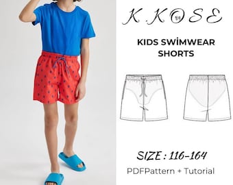 May include: A PDF pattern and tutorial for kids swimwear shorts. The pattern includes a front and back view of the shorts. The size range is 116-164. The image also shows a child wearing a pair of red and blue patterned swim shorts.
