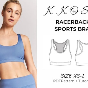 May include: A blue racerback sports bra with a white outline. The bra is shown on a model and also as a line drawing. The text "K.KOSE" and "RACERBACK SPORTS BRA" is shown above the image. The text "SIZE XS-L" and "PDF Pattern + Tutorial" is shown below the image.