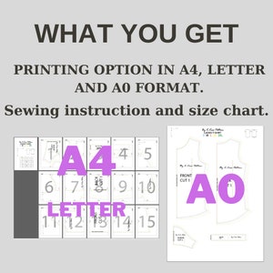 May include: A sewing pattern for a t-shirt, with printing options in A4, Letter, and A0 format. The image shows the pattern pieces labeled with numbers and the text "A4", "Letter", and "A0" in large, purple letters.