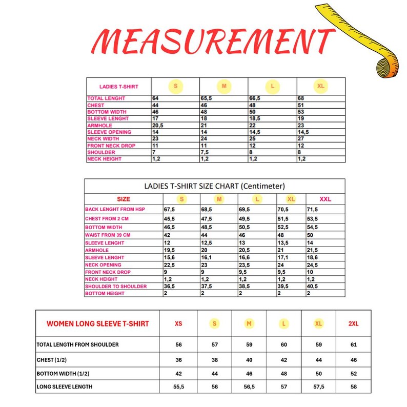 May include: A size chart for women's t-shirts with measurements in inches. The chart includes sizes XS, S, M, L, XL, and 2XL. The measurements include total length from shoulder, chest, bottom width, and long sleeve length.