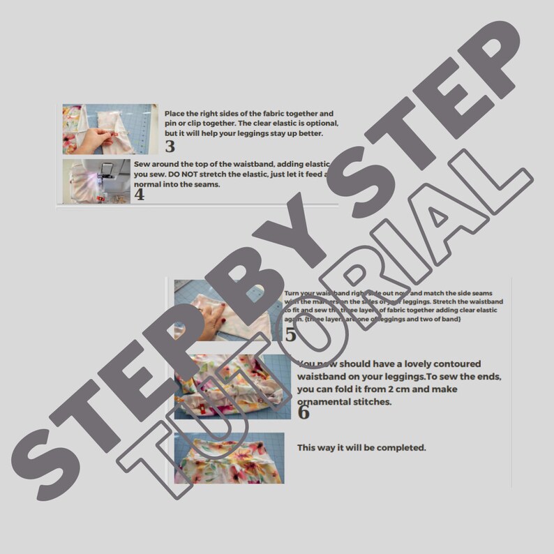 May include: A step-by-step tutorial on how to sew a contoured waistband for leggings. The tutorial includes images of the sewing process and instructions for each step. The text in the image reads: "Place the right sides of the fabric together and pin or clip together. The clear elastic is optional, but it will help your leggings stay up better. Sew around the top of the waistband, adding elastic as you sew. DO NOT stretch the elastic, just let it feed a normal into the seams. Turn your waistband right side out now and match the side seams with the main seam on the sides of your leggings. Stretch the waistband to fit and sew the three layers of fabric together adding clear elastic again. (Three layers are one of leggings and two of band) You now should have a lovely contoured waistband on your leggings. To sew the ends, you can fold it from 2 cm and make ornamental stitches. This way it will be completed."