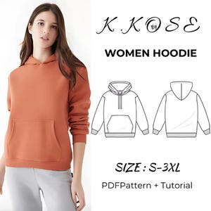 Patrón de costura de sudadera con capucha para mujer / Patrón de costura de sudadera con capucha para mujer en formato PDF / Regalos para esposa en formato PDF / Costura de bolsillo tipo canguro / A4-A0-Letter apto para principiantes