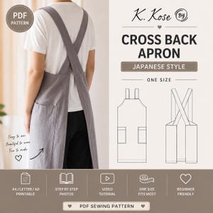 Japanese Apron Sewing Pattern PDF | Cross Back Apron Pattern | Linen Apron | Printable A4, Letter & A0 | One Size | Step-by-Step Tutorial