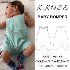 May include: A PDF pattern and tutorial for a baby romper. The pattern includes two sizes: 0-3 months and 9-12 months. The romper is sleeveless and has a snap closure at the crotch. The pattern is available in sizes 44-68.