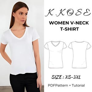 May include: A digital download pattern for a women's v-neck t-shirt. The pattern includes a PDF pattern and tutorial. The pattern is available in sizes XS-3XL.