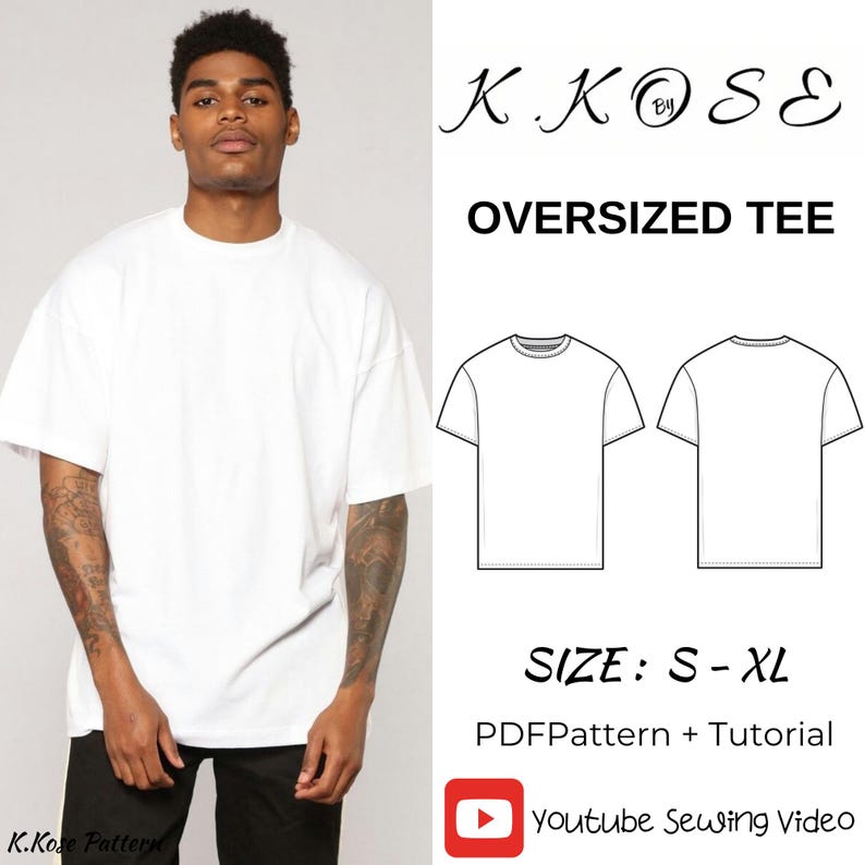 Oversized T-Shirt Sewing Pattern PDF | Unisex Sizes S–XL | Men & Women | Beginner Friendly | Printable A4 Letter A0 image 1